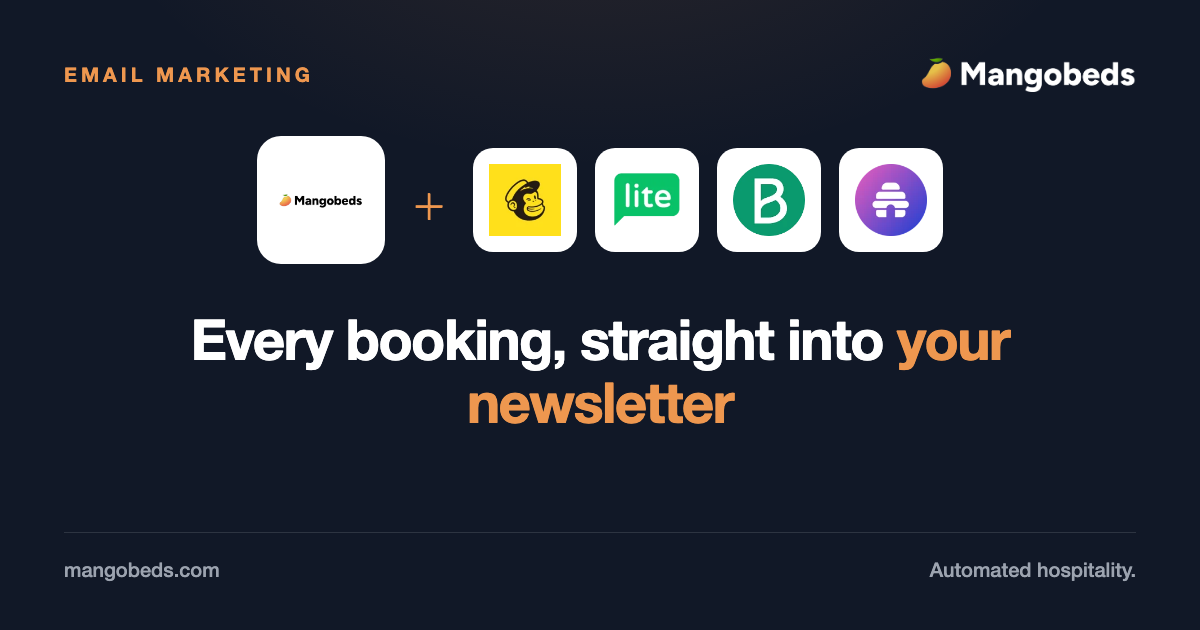 Guest email marketing in Mangobeds, connected to Mailchimp, MailerLite, Brevo and beehiiv